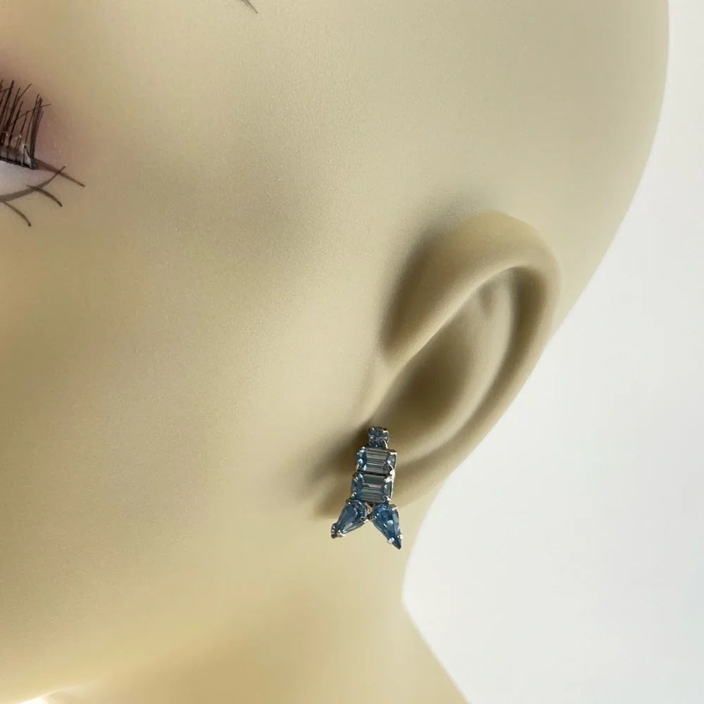 Vtg Sky Blue Rhinestone Earrings, MCM, Rockets, Atomic Age, New Ear Posts